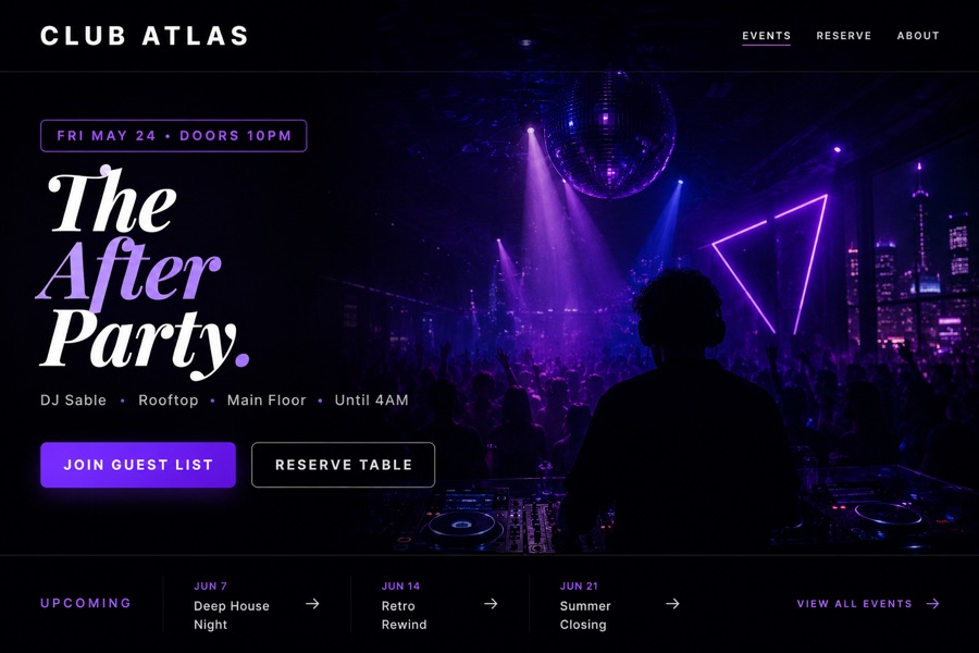 Club Atlas nightclub — event-led, atmospheric website layout