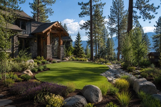 Z's Lawn & Landscape — Tahoe mountain property with manicured lawn, granite boulders, and pine forest